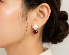 14K Yellow Gold Cabochon Ruby Baroque Pearl Drop Earrings Designer Estate