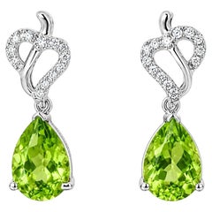 14K White Gold Peridot Diamond Heart Drop Earrings Estate