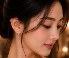 14K White Gold Peridot Diamond Heart Drop Earrings Estate