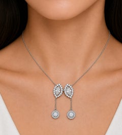 14K White Gold Diamond Lariat Cluster Station Designer Pendant Slide Necklace