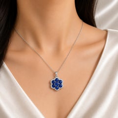 14K White Gold Diamond Sapphire Floral Slide Pendant Necklace