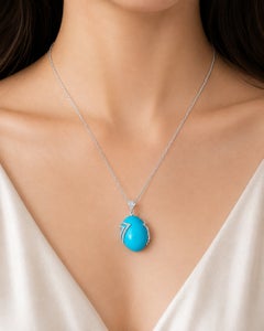 14K White Gold Diamond Turquoise Pendant Necklace