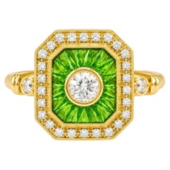 14K Yellow Gold White Sapphire Tsavorite Diamond Mosaic Ring Art Deco Estate