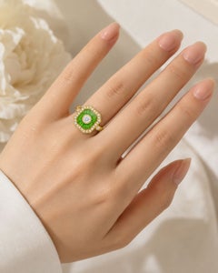 14K Yellow Gold White Sapphire Tsavorite Diamond Mosaic Ring Art Deco Estate