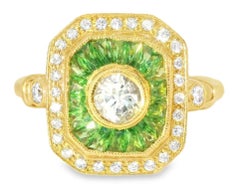 14K Yellow Gold White Sapphire Tsavorite Diamond Mosaic Ring Art Deco Estate