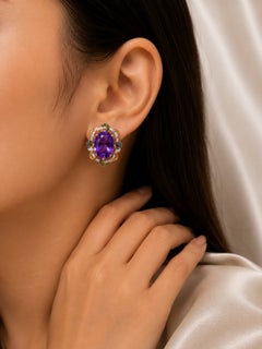 14K Rose Pink Gold Diamond Amethyst Huggie Earrings