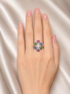 18K White Gold Diamond Multi Color Sapphire Stars Cocktail Ring