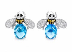 14K White Gold Blue Topaz Bumblebee Diamond Earrings