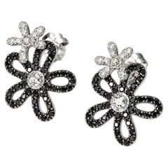 14K White Gold Pave Black and White Diamond Floral Flower Earrings