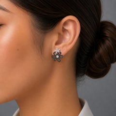 14K White Gold Pave Black and White Diamond Floral Flower Earrings