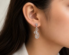 14K White Gold Diamond Hanging Drop Dangle Filigree Earrings