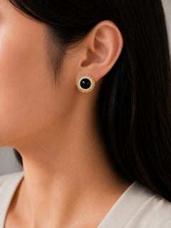 14K Yellow Gold Cabochon Onyx Halo Diamond Handmade Earrings
