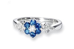 14K White Gold Blue White Diamond Floral Band Ring