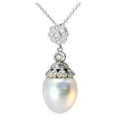 18K White Gold Filigree Cultured Pearl Diamond Pendant Slide