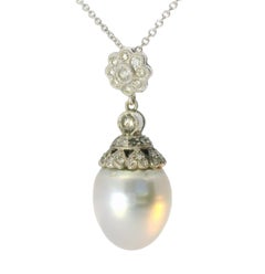 18K White Gold Filigree Cultured Pearl Diamond Pendant Slide