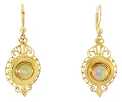 14K Yellow Gold Filigree Opal Drop Earrings Victorian Revival Estate
