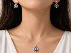 18K White Gold Diamond Sapphire Pendant Necklace Earrings Set