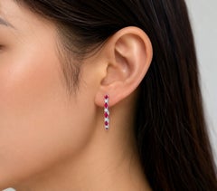 14K White Gold Diamond Ruby Hoop Earrings