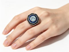 14K White Gold Art Deco Filigree Sapphire Onyx Diamond Aquamarine Ring Estate