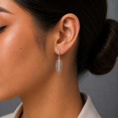 14K White Gold Diamond Designer Feather Dangle Drop Earrings