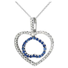 18K White Gold Double Heart Pendant with Diamonds & Sapphires