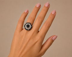 14K White Gold Black Diamond Floral Flower Ring