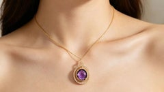 14K Yellow Gold Amethyst Diamond Drop Pendant Necklace