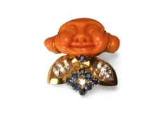 18K Yellow Gold Carved Red Coral Buddha Diamond Sapphire Pendant Pin