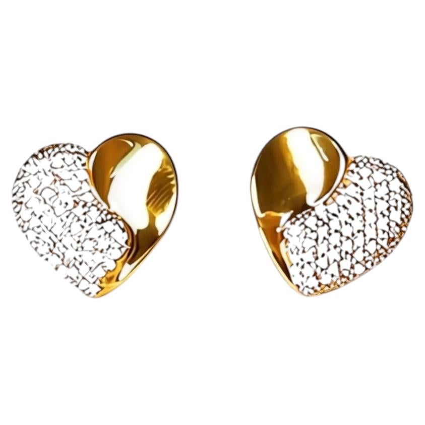 14K Yellow Gold Pave Diamond Heart Stud Earrings For Sale