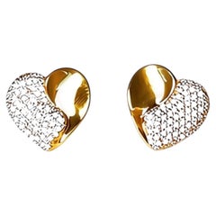 14K Yellow Gold Pave Diamond Heart Stud Earrings