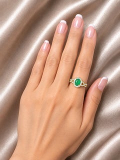 14K Yellow Gold Emerald Diamond Cocktail Ring Estate