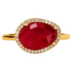 Bague fantaisie en or jaune 14 carats, avec rubis et diamants – d'occasion