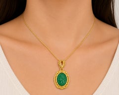 18K Yellow Gold Etruscan Intaglio Onyx Green Agate Pendant Slide