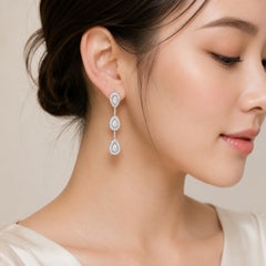 18K White Gold Diamond Pear & Round 3 Tier Drop Earrings