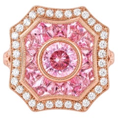 14K Pink Rose Gold Art Deco Pink Tourmaline Hand Cut Pink Sapphire Diamond Ring