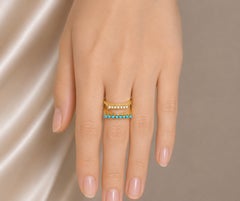 14K Yellow Gold Turquoise & Seed Pearl Dual Band Ring
