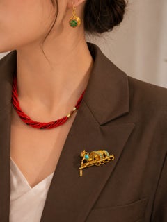 14K Yellow Gold Ruby Turquoise Lovebirds Boat Brooch Pin