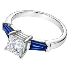 14K White Gold Princess Cut Diamond Tapered Baguette Sapphire Engagement Ring