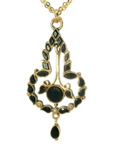 14K Pink Rose Gold Black Onyx Seed Pearl Mourning Pendant Slide
