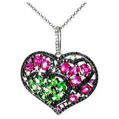18K Black White Gold Diamond with Red Green Sapphires Heart Pendant