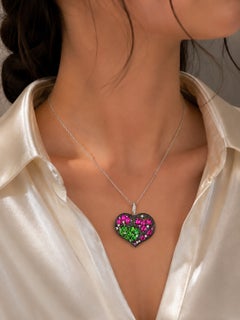 18K Black White Gold Diamond with Red Green Sapphires Heart Pendant
