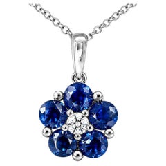 14K White Gold Diamond Sapphire Flower Slide Pendant Necklace