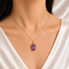 14K Pink Rose Gold Diamond Amethyst Filigree Pendant Necklace
