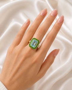 18K Yellow Gold Aquamarine Diamond Tsavorite Mosaic Ring Art Deco Estate