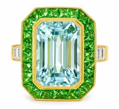 18K Yellow Gold Aquamarine Diamond Tsavorite Mosaic Ring Art Deco Estate