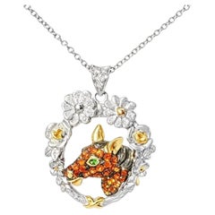 14K White Gold Diamond Orange Sapphire Horse Pendant Slide