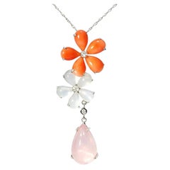 18K White Gold Diamond Coral Chalcedony Rose Quartz Pendant Necklace