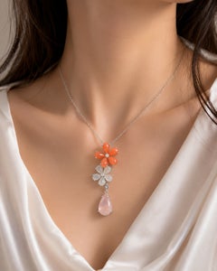 18K White Gold Diamond Coral Chalcedony Rose Quartz Pendant Necklace