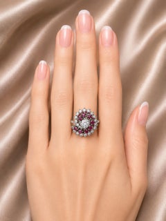 14K White Gold Ruby Diamond Floral Spiral Ring Estate