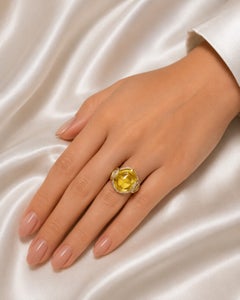 14K Yellow Gold Diamond Cabochon Lemon Quartz Ring Estate Gemstone